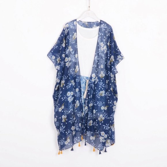 Blue with red floral beach wrap,kimono,beachwear,summer boho kimono